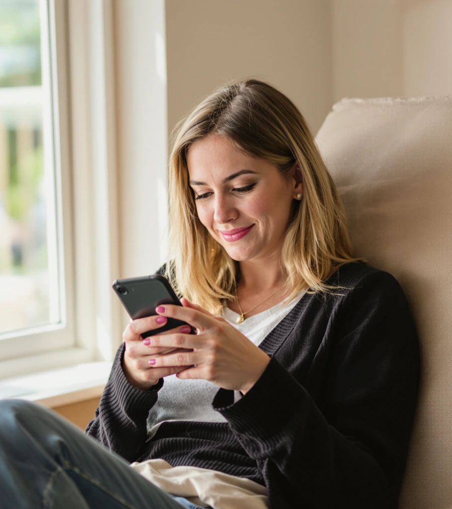 A woman sits on a couch by a window, smiling while looking at her smartphone.