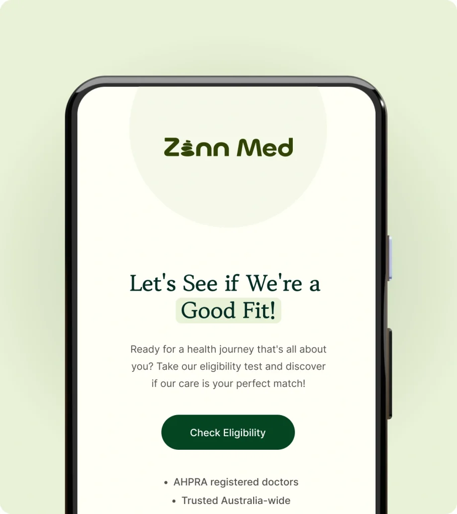 A smartphone screen displays the Zenn Med logo and a message inviting users to check their eligibility for health services, with a "Check Eligibility" button and brief service details below.