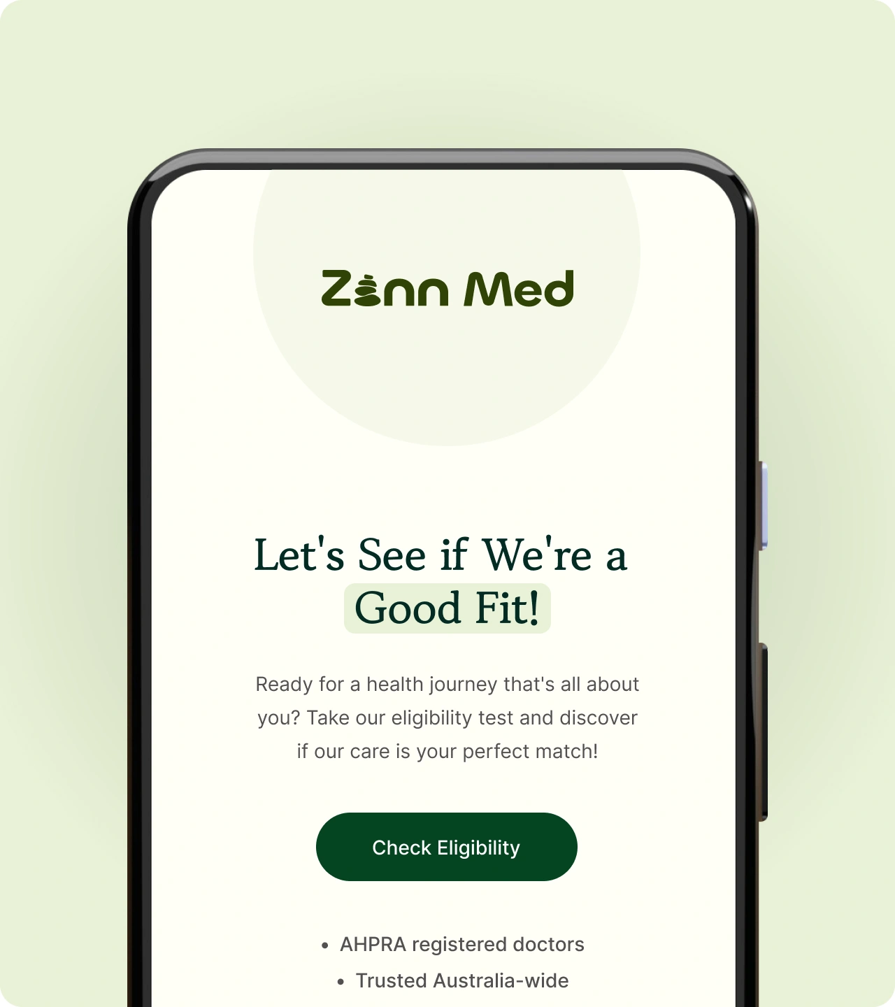 A smartphone screen displays the Zenn Med logo and a message inviting users to check their eligibility for health services, with a "Check Eligibility" button and brief service details below.