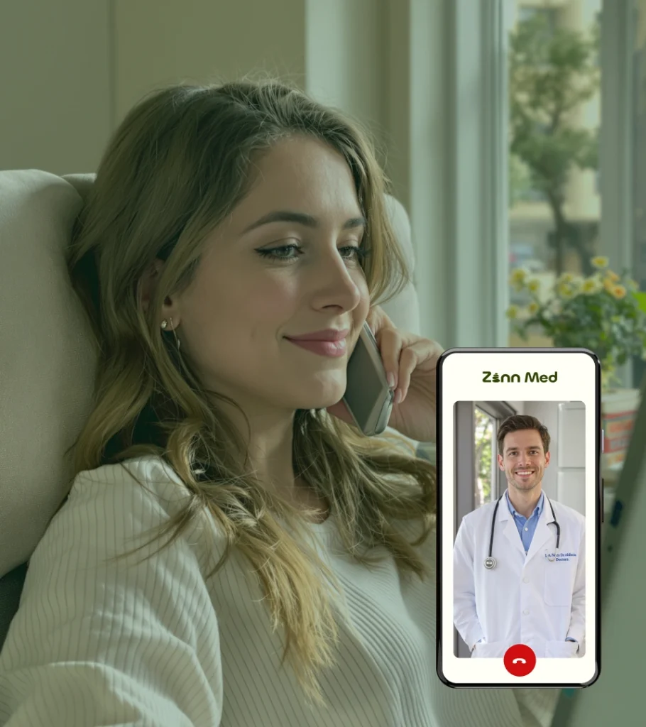 A woman sits in a chair talking on her phone while a video call screen shows a male doctor labeled "Zann Med.